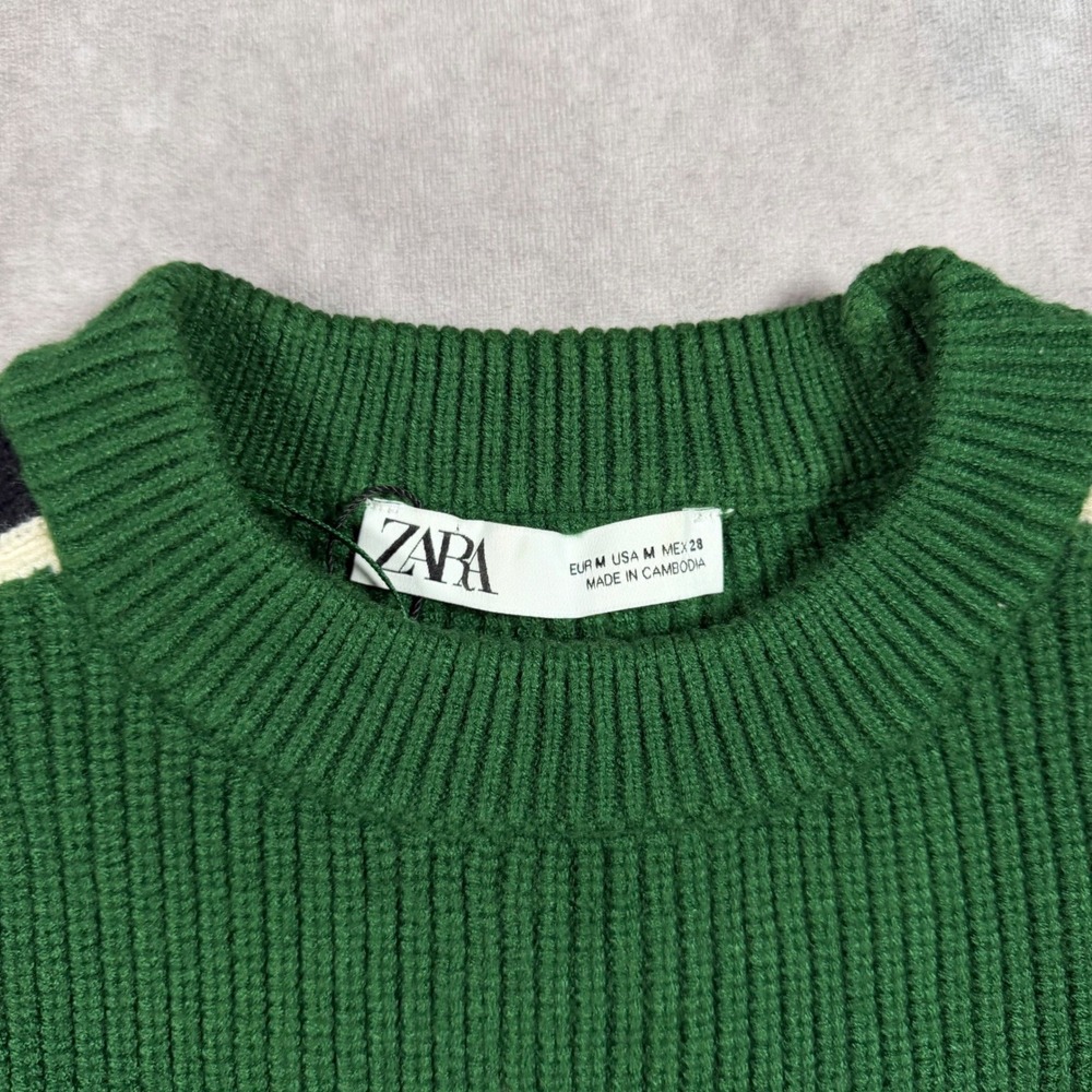Zara Women's M Green Ribbed Knit Sweater Sporty Stripe Crew Neck Medium Y2K - Picture 3 of 5